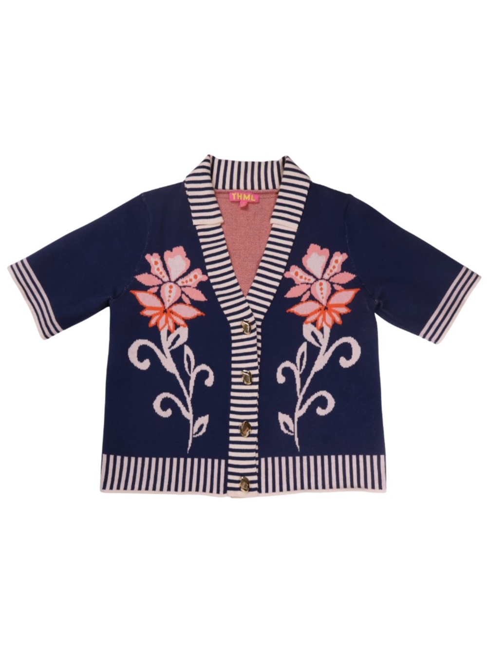 THML Navy Floral Knit Short Sleeve Cardigan – Small
